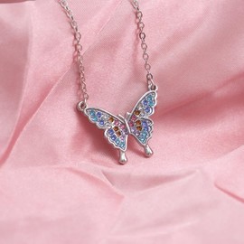 Dainty Butterfly Pendant Necklace Colorful Rhinstone Sweet Butterfly Necklace for Women