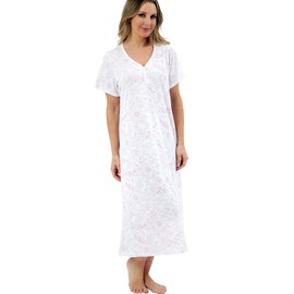 Marlon Womens Linzi Long Plus Size Soft Poly Cotton Knitted Jersey Nightdress With Buttons, Sketchy Pink, 16-18