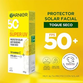 Garnier Super UV Protector Solar Facial Toque Seco Efecto Mate con Vitamina C, Textura Ligera Gel Crema Hidratante, 40ml                              
