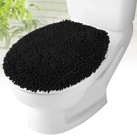 Toilet Lid Cover - Black, Plush Microfiber Oval Toilet Seat Covers for Bathroom, Machine Washable Elongated Toilet Cover Seat, Stretches up to 21"x19"