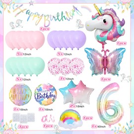 TOLOYE 6th Birthday Decoration for Girls, Unicorn Butterfly Theme Party Decorations, Pastel Birthday Decorations with Unicorn Butterfly Star Foil Balloons, Girls Birthday Party Supplies for 6 Years