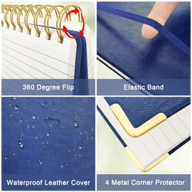 A5 Top Spiral Notebook, Large Leather Hardcover Top Bound Steno Pads, 240 Pages 100 gsm Thick Lined Paper Left Handed Notebook Journals for Work, School, Meeting Writing - Navy Blue, 5.9" x 8.5"