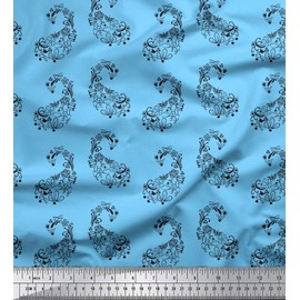 Soimoi Blue Cotton Duck Fabric Black Sketch Floral & Paisley Printed Fabric 1 Yard 56 Inch Wide