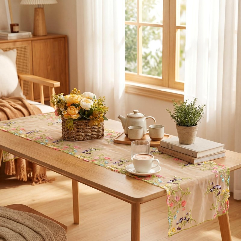 Windkream Embroidered Lace Table Runner Spring Summer Floral Tulle Trim
