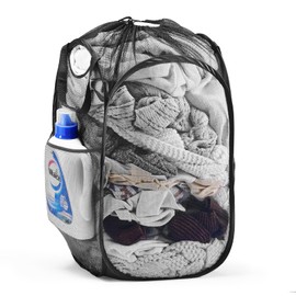 Collapsible Mesh Pop Up Laundry Hamper with Sturdy Handles and Side Pocket - Portable Foldable Clothes Baskets for Dorm, Bathroom & Travel Storage (With Drawstring, Black)