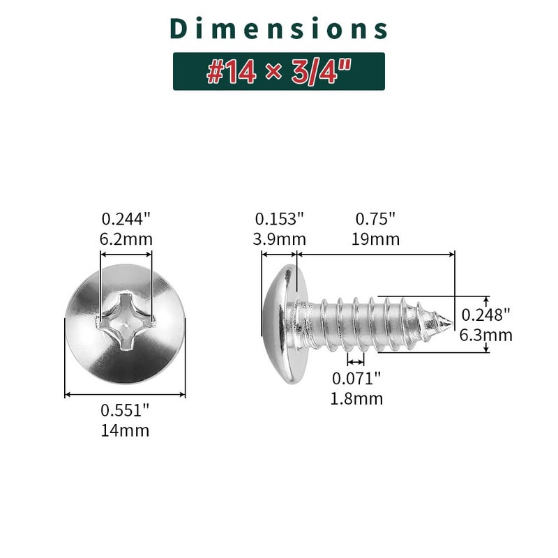 #14 x 3/4" Truss Head Wood Screws (25 pcs), 18-8