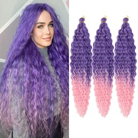 30 inch Ocean Wave Crochet Hair Blue/Light Pink Deep Wave Curly Braiding Hair Extensions 3 packs Long Wavy Water Wave Braid For Women Synthetic Crochet Braids(30 inch, Blue/Light Pink)