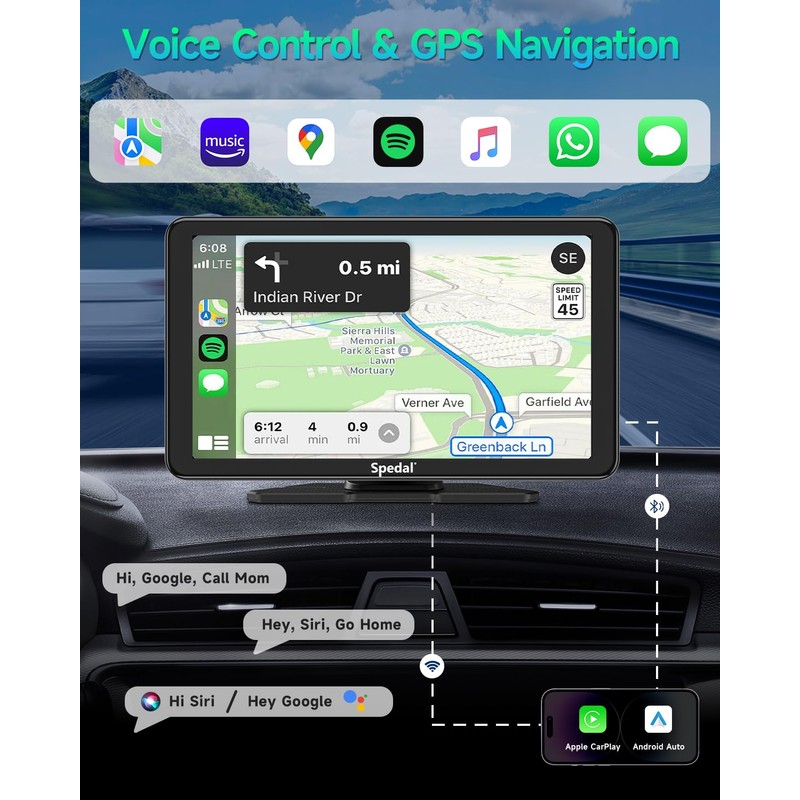 Spedal Car Play with Backup Camera, Portable CarPlay and Android