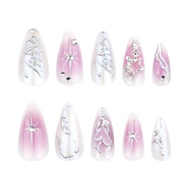 RUOKEXIN Almond Press on Nails Medium Fake Nails Purple Ombre False Nails with 3D Silver Butterfly Designs Sparkly Artificial Nails Full Cover Glue on Nails Cute Stick on Nails for Women 24Pcs