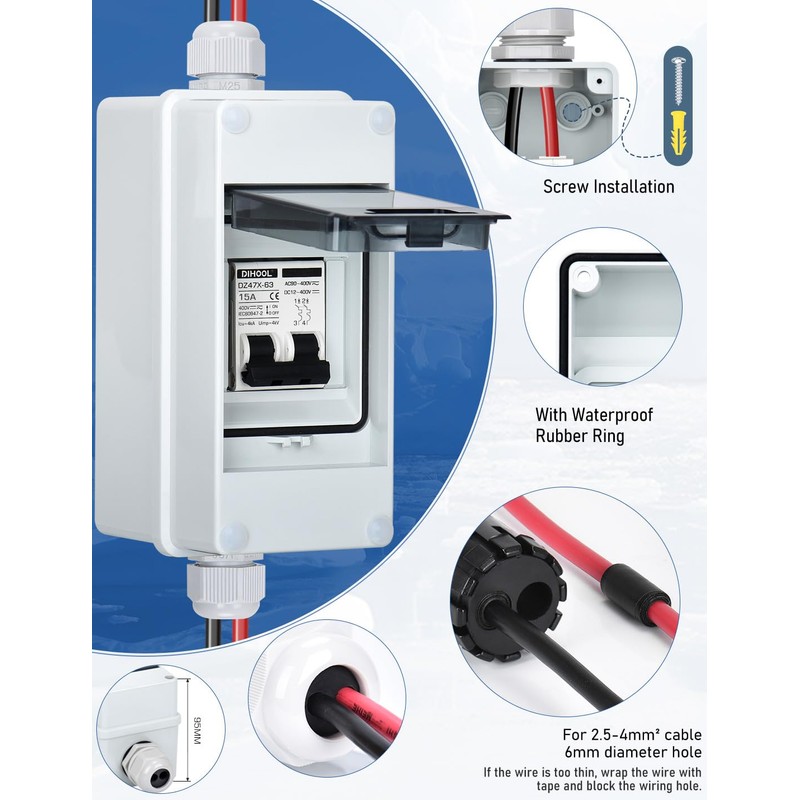 DIHOOL AC DC Miniature Circuit Breaker with IP65 Din Box,