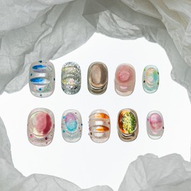 Sun&Beam Nails Handmade Press-on Short Squoval Round Blue Green Orange Purple Ombre Hand-Painted 3D Design Fashion False Nail Tips 10 Pcs Set (#206 L)