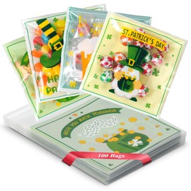 Artby7 100 Pcs St Patricks Day Cellophane Bags, 4x4 Inches Small Size St Patrick's Day Treat Bags Shamrock Lucky Clover Gift Bags for Candy Goodies Irish Day Parade Party Favor Decorations