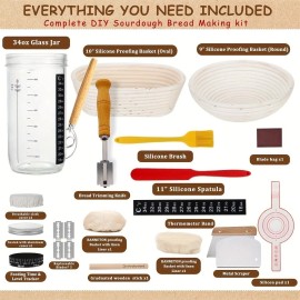Sourdough Bread Baking Supplies Set Oval Round Banneton Proofing Basket Jar Kit