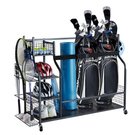 VEVOR Golf Bag Organizer Storage, Golf Rack, 3 Golf Bag Holder, Golf Sports Equipment Organizer for Garage, Outdoor Sport Gear, Toy Storage, Baskets & Hooks & Wheels, Steel