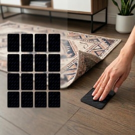 16 PCS Grippers of Rug Pad, Non-Slip Carpet Gripper for Hardwood Floors and Tile, Reusable and Washable Area Carpet Tape, Double-Sided Adhesive Pads, Keeps Corners Flat