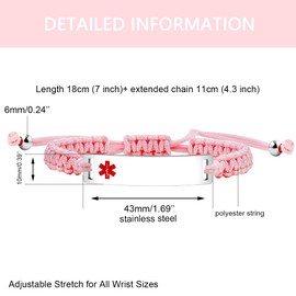 Mayfaith pink Handwoven Epilepsy Information Warning Bracelet, Men's and Women's Medical Emergency Sign Stainless Steel Bracelet, Birthday and Mother's Day Gift for Family
