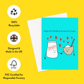 Happy 6th Wedding Anniversary Sugar Greeting Card | Sugar 6 Year Funny Wedding Anniversary Card, Sixth Anniversary Card For Husband Or Wife, Him Or Her, Bag Of Sugar Joke Anniversary Card
