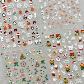 4 Sheet Christmas Nail Art Stickers Xmas Nail Decals 5D Self-Adhesive Winter Nail Sticker Snowflakes Christmas Tree Elk Gingerbread Man Snowman Design for Women Holiday Manicure Decoration