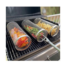 Unbranded 3x Rolling Grilling Basket BBQ Tube Round Stainless Steel Grill Mesh Cylinder
