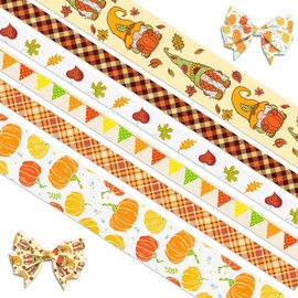 Hying 6 PCS Fall Pumpkins Ribbons for Crafting, 1" & 3/8" Width Thanksgiving Grosgrain Ribbons White Orange Ribbon Autumn Leaves Gnomes Craft Ribbons for Gift Wrapping DIY Fall Thanksgiving Decoration