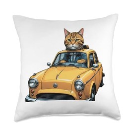 Car Driver Cat in Yellow Taxi Funny Graphic Cat Lover Gift Throw Pillow