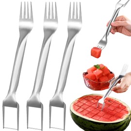 Hendiy 3Pieces 2-in-1 Watermelon Cutter, Watermelon Cutter Slicer Tool Watermelon Fork Slicer Stainless Steel Fruit Cutter, Dual Head Fruit Forks Slicer Watermelon Cutter Tool Fun Kitchen Gadgets