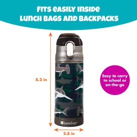 Bentology - Botella de agua con aislamiento de tiburón de acero inoxidable de 13 onzas para niños, fácil de usar para niños, reutilizable, a prueba de derrames, sin BPA, se adapta a la mayoría de loncheras y bolsas, uso para campamento de verano, regreso
