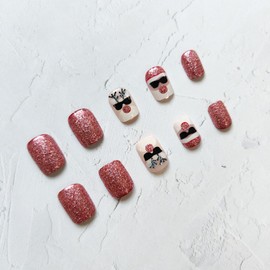 Christmas Press on Nails Short Square Fake Nails with Elk Santa Claus Designs Xmas Red Glitter False Nails Full Cover Stick on Nails Winter Artificial Nails for Women Christmas Glue on Nails 24Pcs