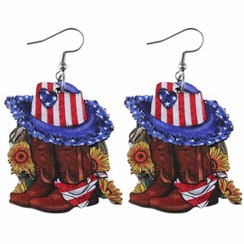 Pink Cowboy Cowgirl Hat Boots Earrings for Women Double-sided Wood Dangle Western Earrings Jewelry Accessories for Cosplay Costume Independence Day 4th of July Party Decorations (4th of July Style)