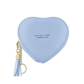 FuninCrea Coin Purse, PU Leather Coin Pouch Cut Small Coin Purse with Zipper for Womens and Girls, Heart-Shaped Change Purse Small Coin Wallet with Keychain for Store Cards, Cash, Keys (Blue)