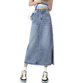 Viatabuna Denim Skirts for Women Midi Length High Waist Side Slit A Line Long Jean Skirt with Pockets Light Blue