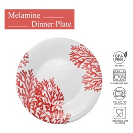 UPware Red Coral Melamine Dinner Plate Set, Round Plates with Beaded Edge for Main course, Pasta, and Salad, BPA-Free, Dishwasher Safe, Red, 10.75 Inch, Set of 6