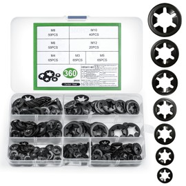 360 Pcs Compatible with Starlock Washers, Internal Tooth Washers for Bolts & Screws, Quick Locking WashersPush On Clips Speed Clips Fasteners, M3 M4 M5 M6 M8 M10 M12 Washer Assortment Kit