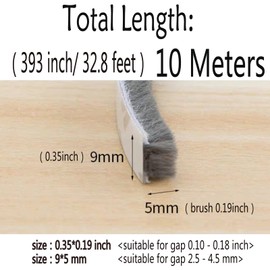 Weather Stripping Brush for Sliding Windows/Doors Frame Side,Pile Self Adhesive Weatherstrip Seal Strip Sealer Draft Stoppers (33ft x11/32 Backing x 3/16 Brush inch, Grey)