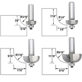 Akylin 4pcs Cove Router Bit Set,1/2" Shank,Radius 3/16",1/4",7/16", and 9/16",Cove Edging Cutter for Wood Profiling,Routing,Molding
