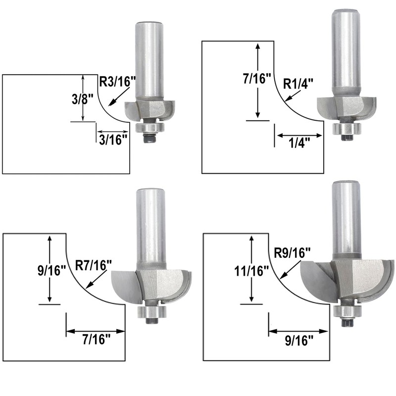 Akylin 4pcs Cove Router Bit Set,1/2" Shank,Radius 3/16",1/4",7/16", and 9/16",Cove