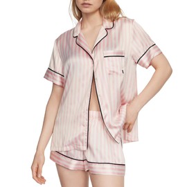 Victoria's Secret Satin Pajama Set, Short Sleeve Button Down & Shorts Set, Sleepwear for Women, Pink Iconic Stripe (XL)