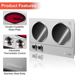 Double Burner, CUSIMAX 1800W Ceramic Electric Hot Plate for Cooking, Dual Control Infrared Cooktop, Portable Countertop Burner, Glass Plate Electric Cooktop, Silver, Stainless Steel-Upgraded Version