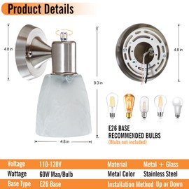 EJIAXIN Wall Sconces Set of 2, Brushed Nickel Vanity Lights for Bathroom, Modern Wall Light Fixtures with Rotary Switch, Wall Mount Light with Frosted Glass, Farmhouse Lamp for Bedroom Living Room