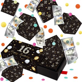 Giftota Happy 16th Birthday Surprise Gift Box Explosion for Money - 16th Black Gold Money Gift Box Explosion with Confetti - Cash Gift Idea for Boys Girls - Pop Out Folding Bounce Explosion Gift Box