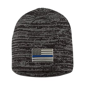 Go All Out One Size Black/Dark Grey Marled Thin Blue Line USA Flag Embroidered Knit Beanie Cap