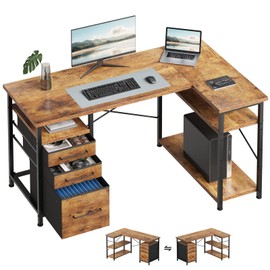 Maihail 47" Computer Desk with Drawers, Desks for Bedrooms, Writing Desk with Storage, Work Desk for Small Space, Rustic Brown