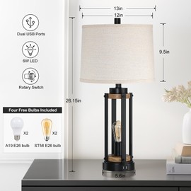 Altgedecor Farmhouse Table Lamps for Living Room Set of 2, 26” Rustic Beside Lamps with USB Charging Ports and Night Light, Bedroom Nightstand Lamp Vintage Reading Lamps for End Table,Bulbs Included