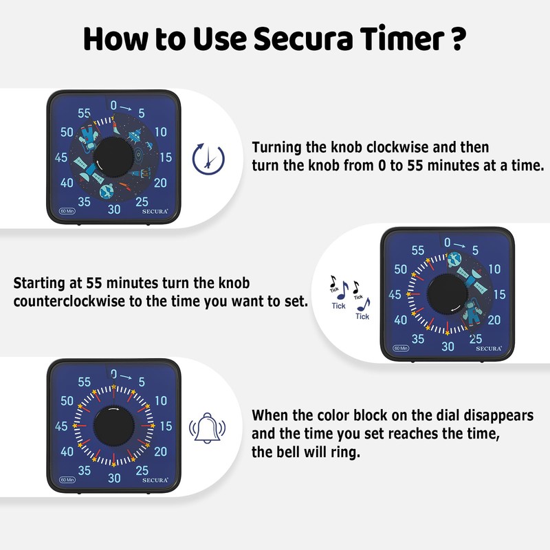 Secura 7.5-Inch Astronaut Pattern Visual Timer for Kids, 60-Minute Countdown