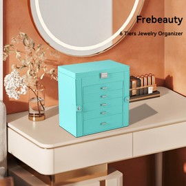 Frebeauty Large Jewelry Box,6-Tier PU Leather Jewelry Organizer,Multi-functional Storage Case with Mirror,Accessories Holder with 5 Drawers for Necklace Bracelets Watches(Turquoise)
