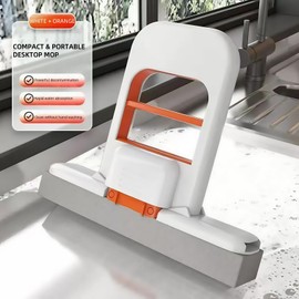 Foldable Desktop Mop,Portable Self-Squeeze Sponge Mop,Mini Cleaning Mo/p for Floor Cleaning,Hands-Free Lazy Sponge Mops,Wet and Dry Dual Use,One-Handed Operation,Wide Range of Use (White & Orange)