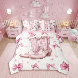 Erosebridal Bowknot Bedding Set Full Size 7 Piece, Cowboy Boots Flowers Room Decor Bed in a Bag, Cartoon Bows Printed Kids Girls Bedding, White Pink Cute Shoes Bed Sheets