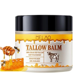Bálsamo de sebo de res batido y miel, crema facial con acabado de pasto para todo tipo de pieles, mezcla de sebo de res alimentado con pasto y miel silvestre cruda, humectante totalmente natu