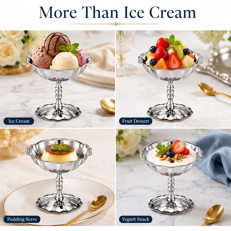 4 Pcs Ice Cream Cups Set with Spoons, Vintage Stainless