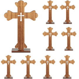 Amyhill 10 Pcs Baptism Wood Cross Set Communion Centerpieces for Tables Rustic Wood Standing Cross for Crafts with 10 Bases Religious Catholic Decor, 5.51 x 8.3 Inches(Light Brown)